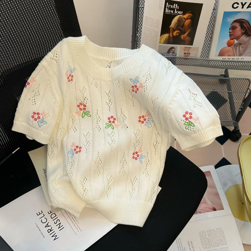 

White Floral Embroidery Hollow Sweater for Women in Summer New Tshirts Design Versatile Loose Short Sleeve Top Pullover Harajuku
