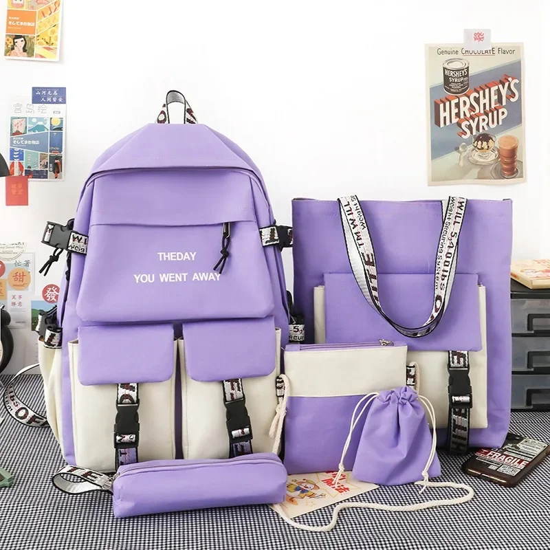 5pc/set Korean School Backpack for Teenager Girls Multi Pocket Students Schoolbag Canvas Women Shoulder Book Bag Laptop Rucksack