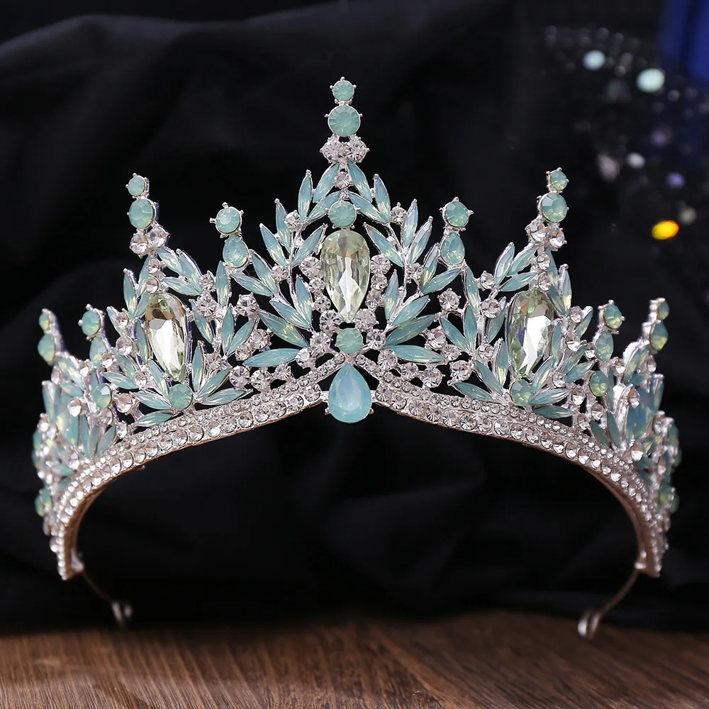 Baroque Luxury Silver Color Green Opal Water Drop Crystal Tiaras For Women Wedding Birthday Party Elegant Crown Hair Accessories