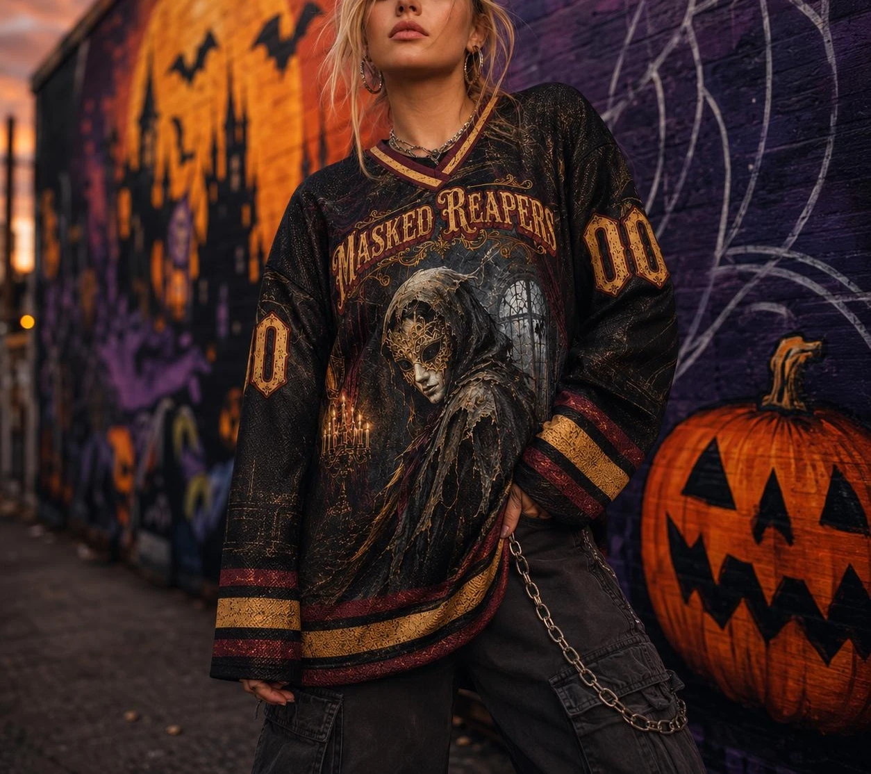 Dark Gothic Masquerade Masked Reaper Graphic Hockey Jersey 3D Print V Neck Long Sleeve Halloween Streetwear Tops Family Matching
