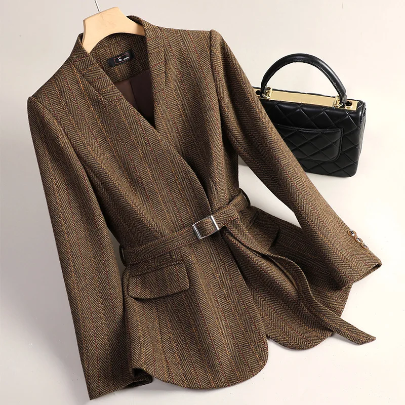 

Small Fragrant Style Wool Woolen Blazer Women Autumn Winter Jacket New Striped Suit Top Winter Thicken Coat Lady Office Blazers