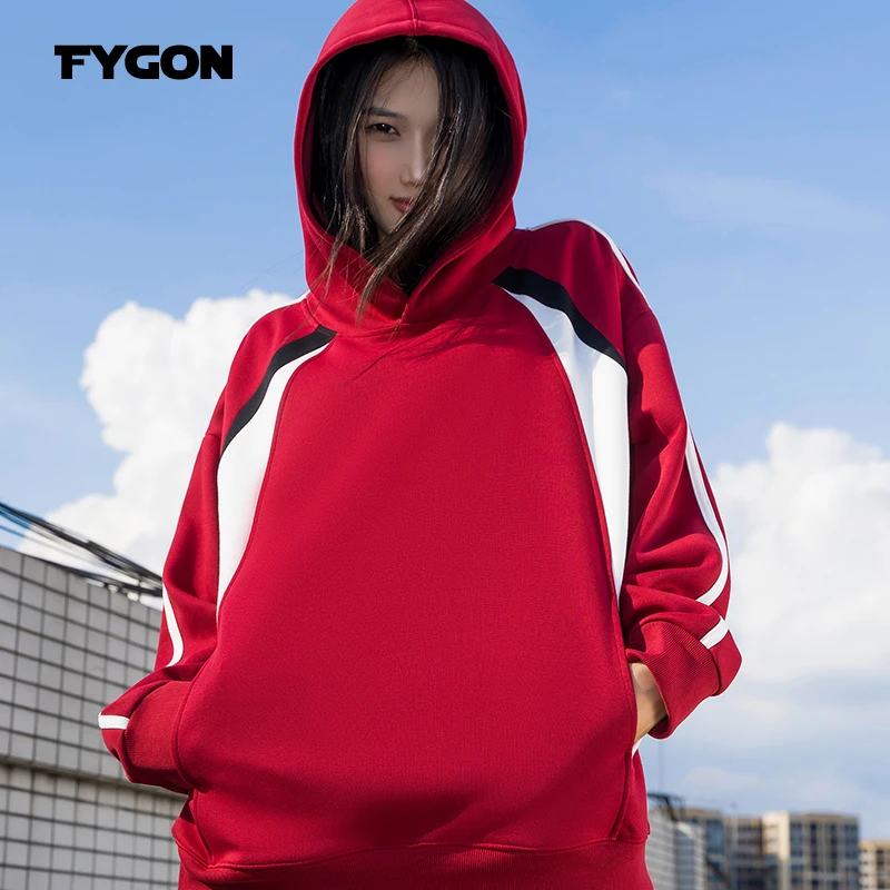 Fygon Oversized Drop Shoulder Contrast Color Hoodies 2024 Autumn Thin Design French Terry Red Sweatshirts Unisex