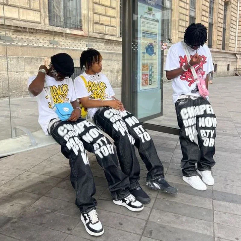 

Street Apparel Y2K Jeans Printed Letter Subtracted Two Black Pants 2023 New Harajuku Fashion Casual Loose Men Rock WideLeg Pants