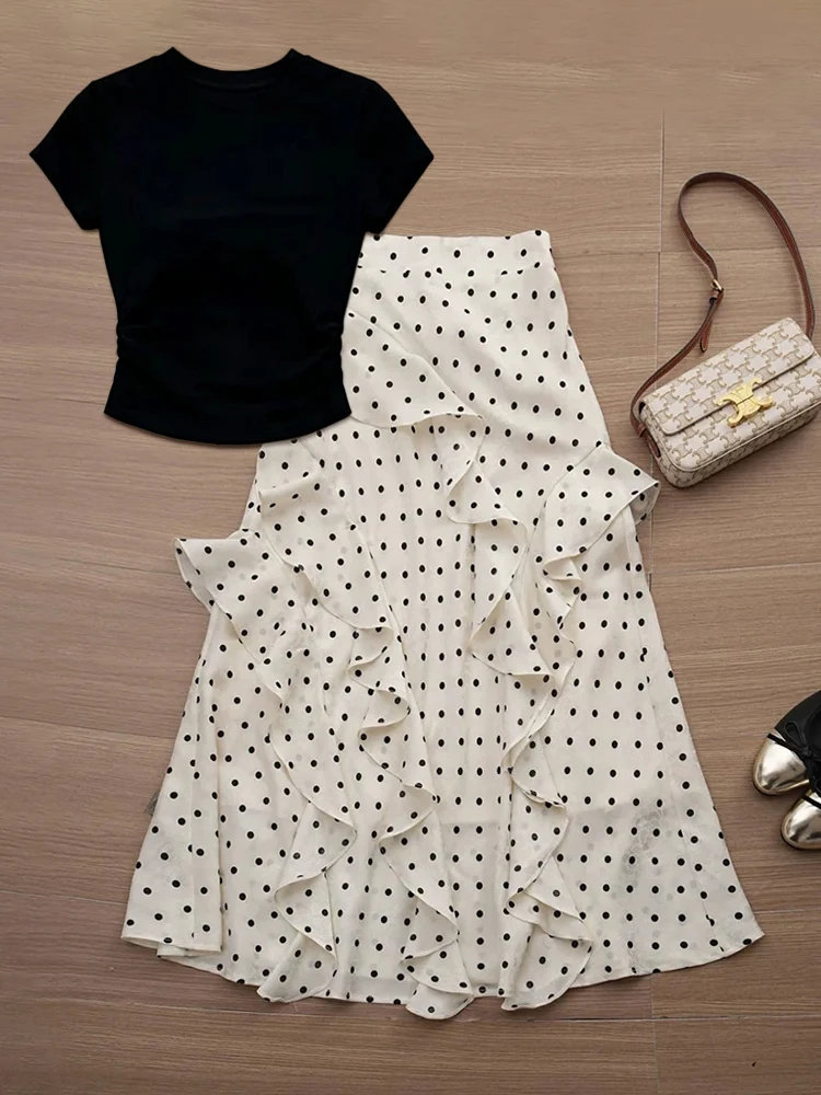 

Summer Outfit Women's Korean Style Black Slim Short Sleeve Top with Lace Hem Polka Dot Skirt Two-Piece Set Fashionable