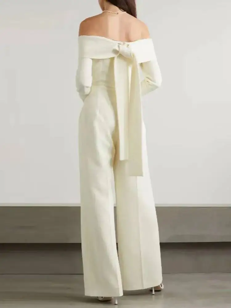 HUISONG-monos con cordones de retazos para mujer, cuello oblicuo, manga larga, cintura alta, pantalón de pierna ancha, mono liso, moda femenina