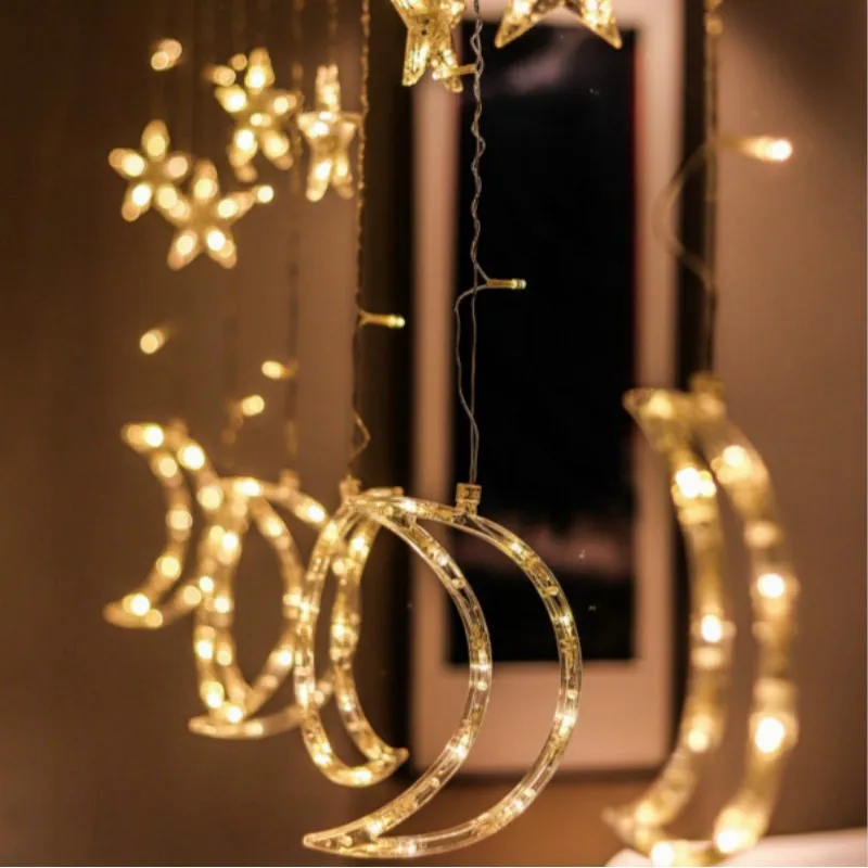 Pendurado LED String Light, Lua, Estrela, Cortina de Luz, Guirlanda, Decoração De Árvore De Natal para Família, Iluminação Do Feriado, Casamento