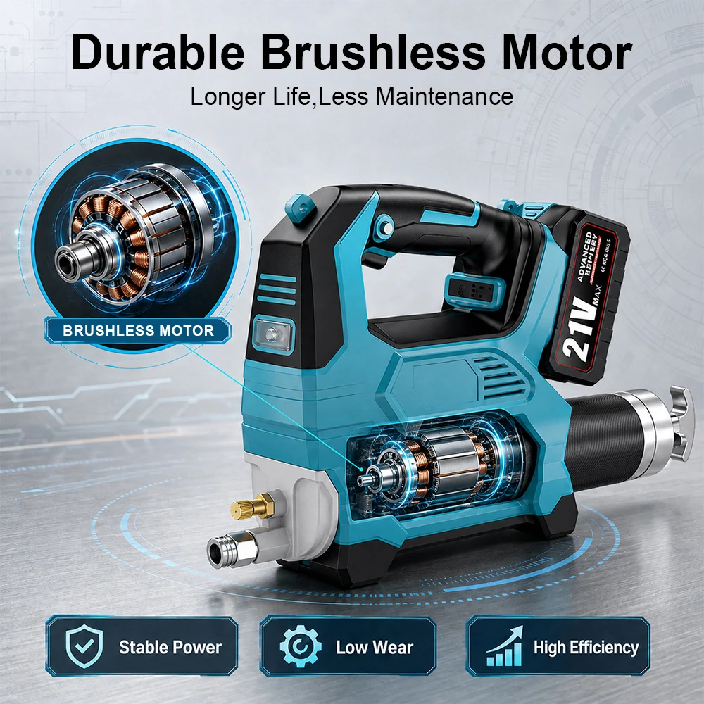 Cordless Brushless Electric Grease Gun Kit 12000PSI High Pressure Greasing Machine 39.4‑Inch Flexible Hose and LED Work Light