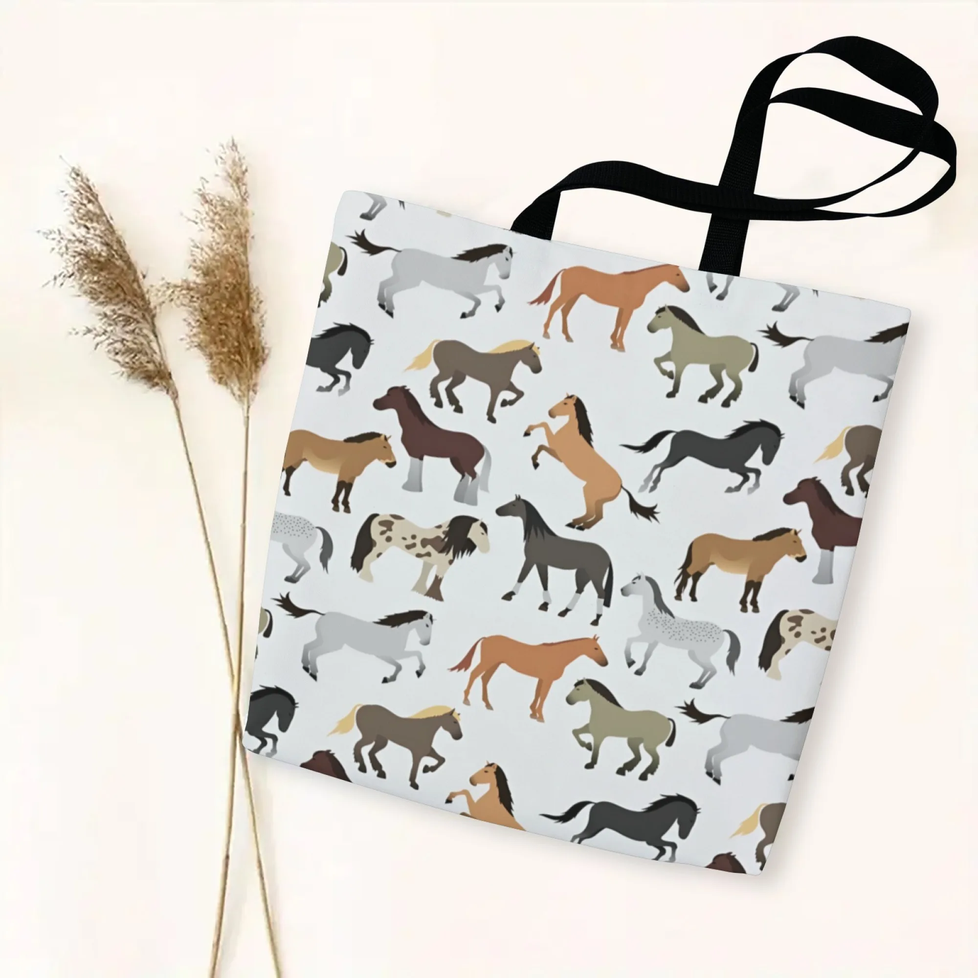 

Durable Handbag Large Capacity Canvas Women Tote Bag Fantasy Dynamic Horse Print Handbag Fixed Black Strap for Work Shopping