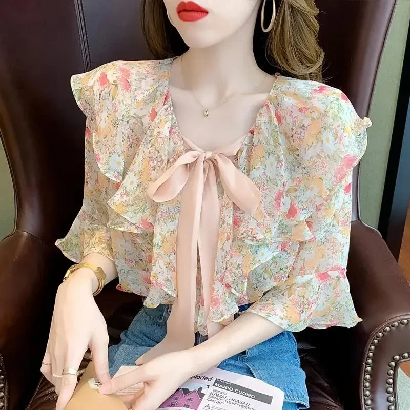 GIDYQ Sweet Chiffon Shirts Women Elegant Fashion Floral Ruffle O Neck Lace Up Blouse Korean Loose Casual Short Sleeve Top Summer