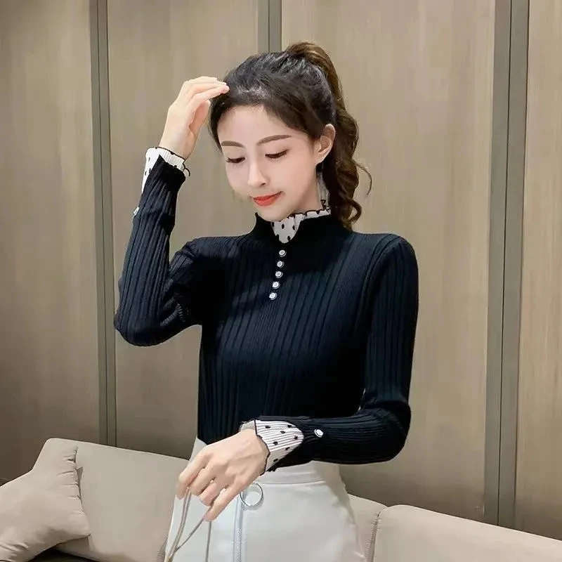 Suéter con cuello de tortuga para mujer, Jersey de manga larga con costuras de encaje, Tops femeninos, novedad de Otoño Invierno 2025