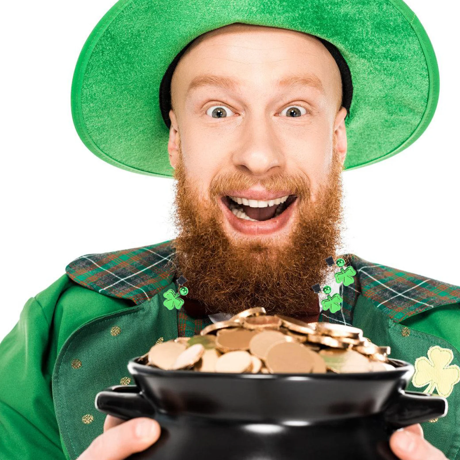 10 Buah Klip Jenggot Berbentuk Semanggi dengan Liontin Mengkilap, Mudah Dipasang, Dekorasi Jenggot untuk Festival Hari St. Patrick, Pesta Natal, Rambut Wajah