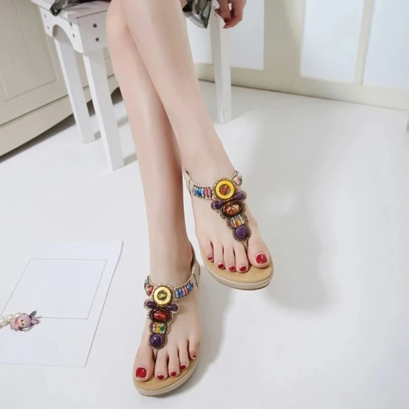 

2025 женские босоножки на платформе 35-42, летние модные богемные мягкие женские босоножки на танкетке с открытым носком и бисером