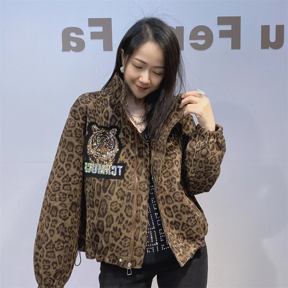 Autumn Winter New Fashion Leopard Print Drawstring Short Zipper Jacket Women's Trendy Brand Rhinestone Baseball Jacket Top Coat