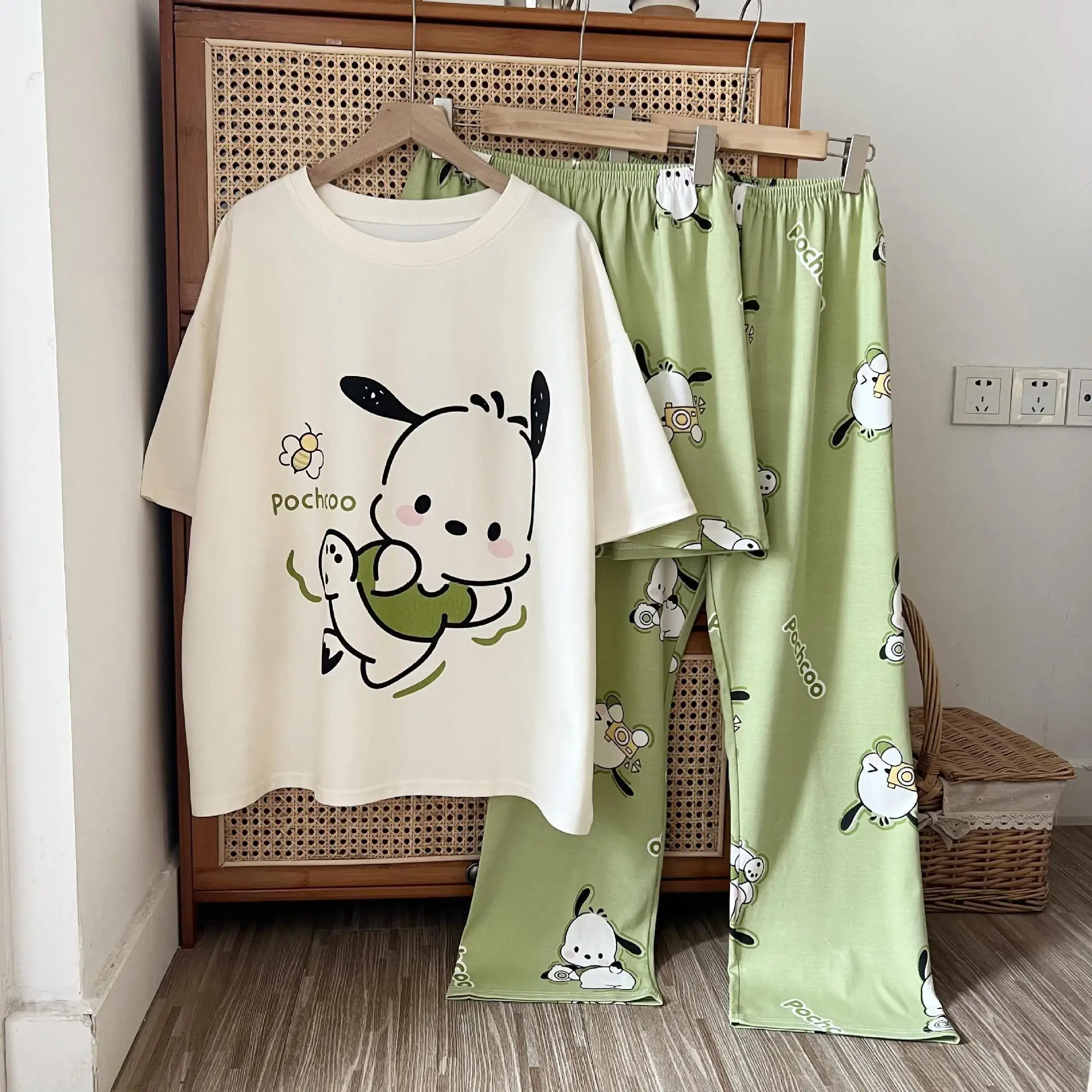 Kawaii Sanrios My Melody женский пижамный комплект аниме мультфильм студенческая одежда для сна с короткими рукавами брюки ночная рубашка для девочек подарок 3 шт.