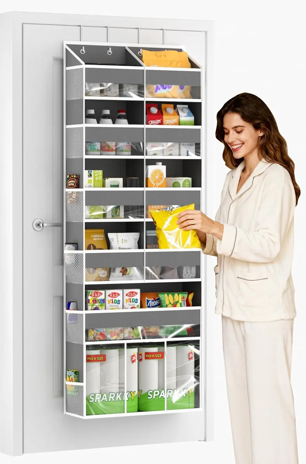 

Large Over The Door Organizer - 6-Tier Door Organizer Hanging with 10 Pockets & 12 Mesh Side Bags, 80lb Heavy Duty Back