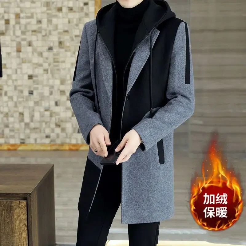 

Winter New Hooded Long Sleeve Fashion Woolen Coat Man High Street Casual Contrast Color Patchwork Cardigan All-match Thick Top