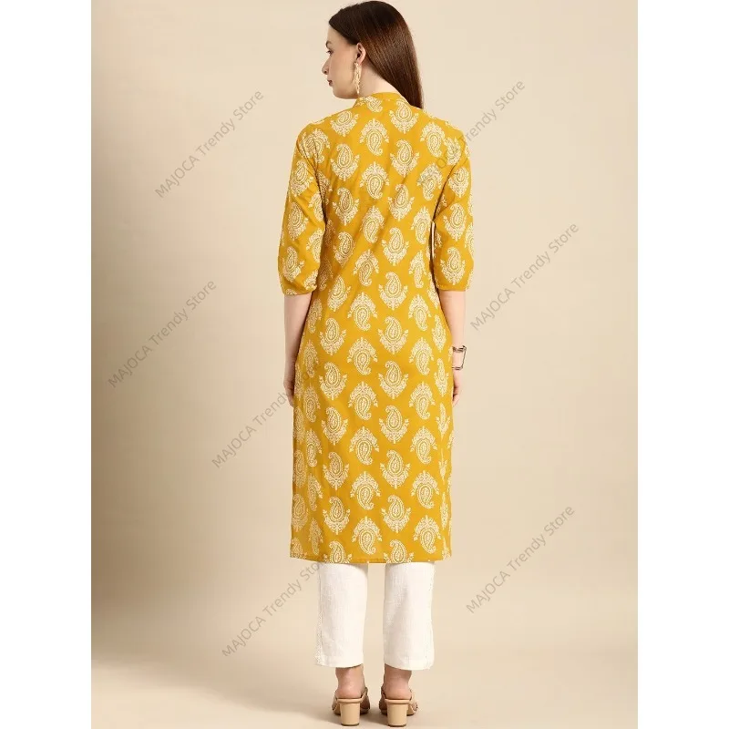 Women's Indian Style Cotton Printed Tunic Top Blouse with 3/4 Sleeves and Mandarin Collar India Dress Kurta Kurti - view 4