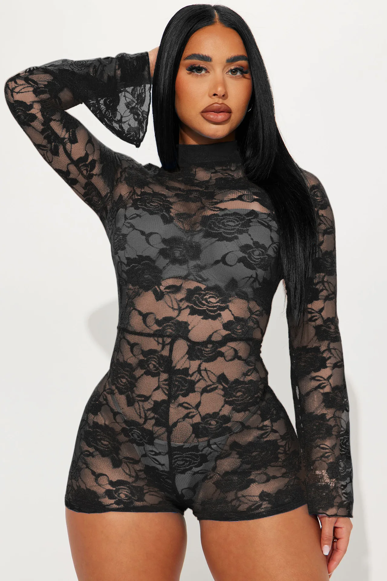 

Sexy Lace Night Club Party Romper for Women Solid Long Sleeves Perspective Bodysuit Summer Hot Chick Elasticity Skinny Playsuits