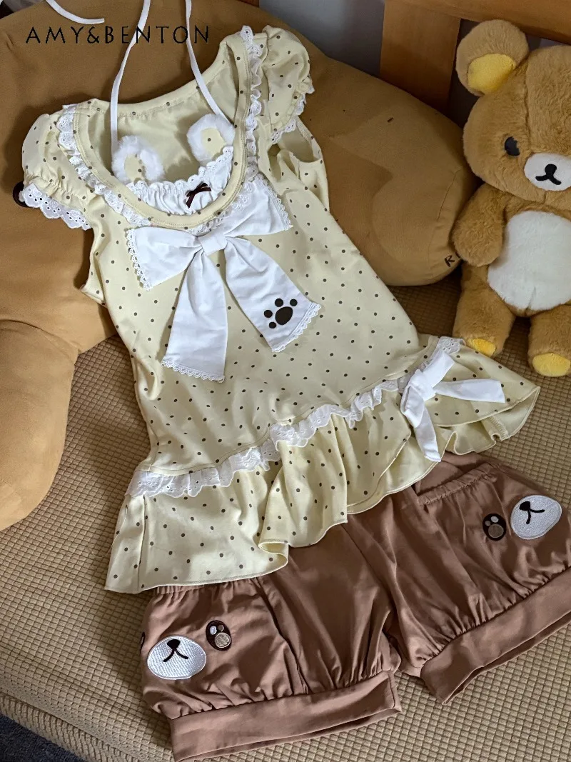

Sweetheart Girl Cute Polka Dot Kawaii Sets Bowknot Bunny Ears Puff Sleeve Top Elastic Waist Casual Shorts Summer Two-Piece Set