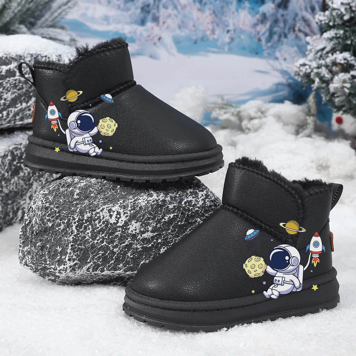 Children Snow Boots Cute Astronaut Thick Fleece Lined Warm Anti-Slip Sole 2026 Winter New Kids Ankle Winter Booties for Boys