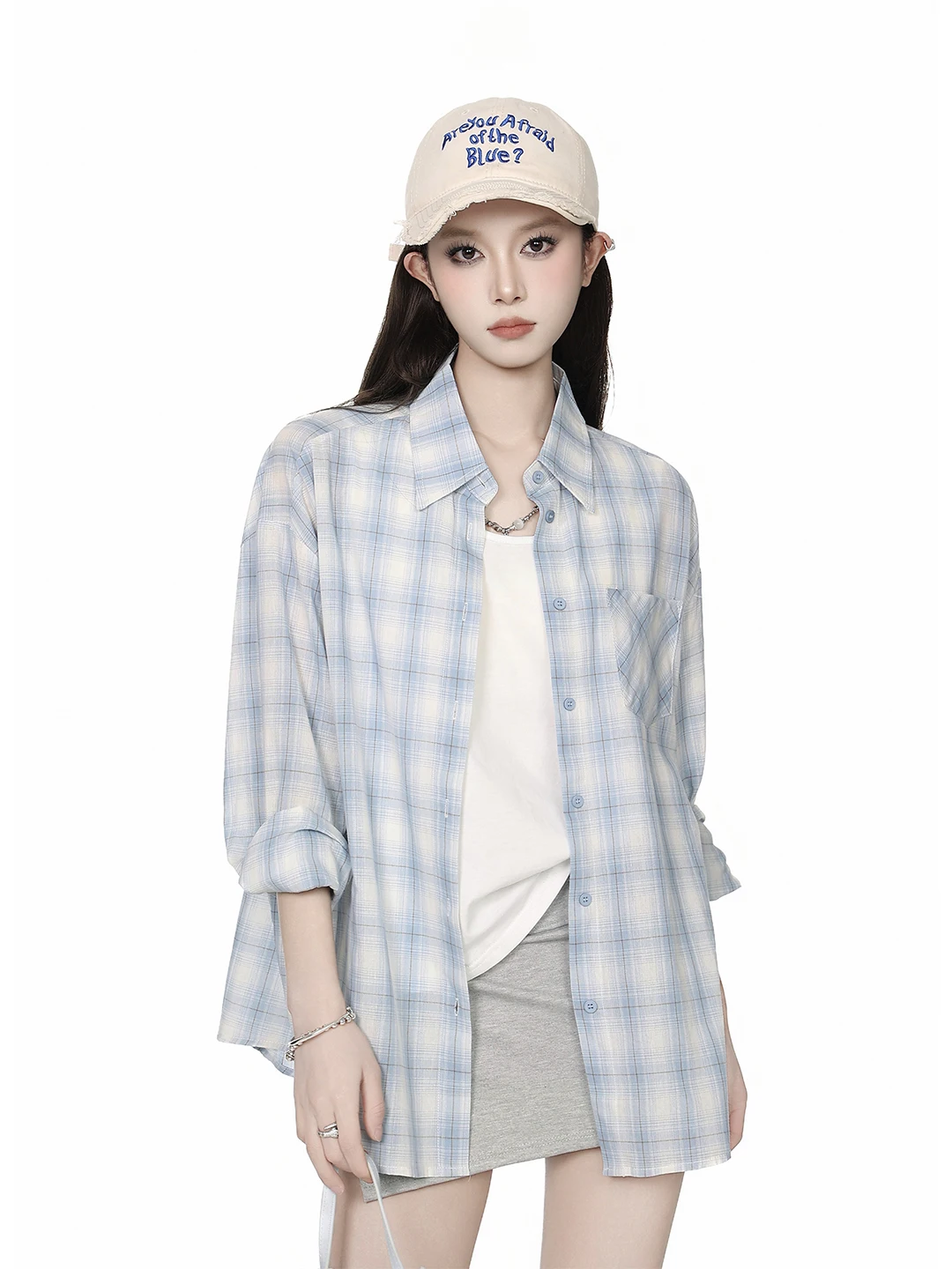 

Синяя клетчатая женская рубашка-жакет с длинным рукавом и воротником, весна 2026, в корейском стиле, для создания расслабленного образа, с защитой от солнца, открытый кардиган-топ