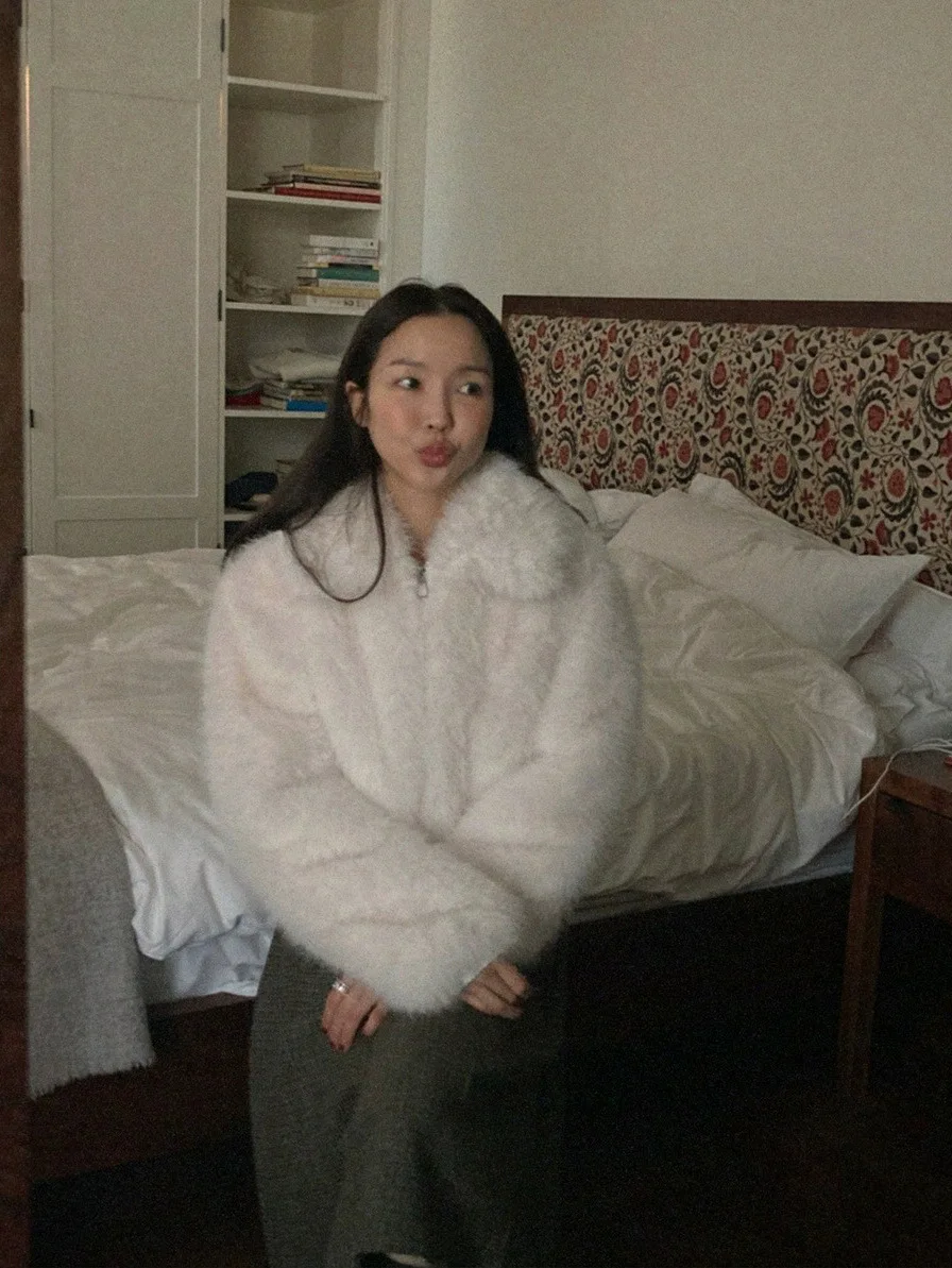 Ele معطف فرو فاخر للنساء ort Sle طويل Sve سحاب إغلاق صديق للبيئة Faionable Age-Defng ملابس خارجية شتوية