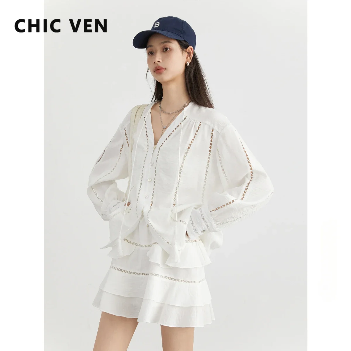 CHIC VEN Women Shirt Loose Casual V-neck Solid Hollowed Out Lace Up Woman Blouses Female Short Skirt Set Summer 2024