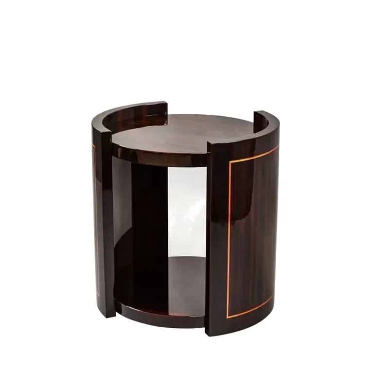 Round End Table Wood Veneer Storage Shelf Curved Side Panel Open Slot Gold Inlay Modern Villa Living Room