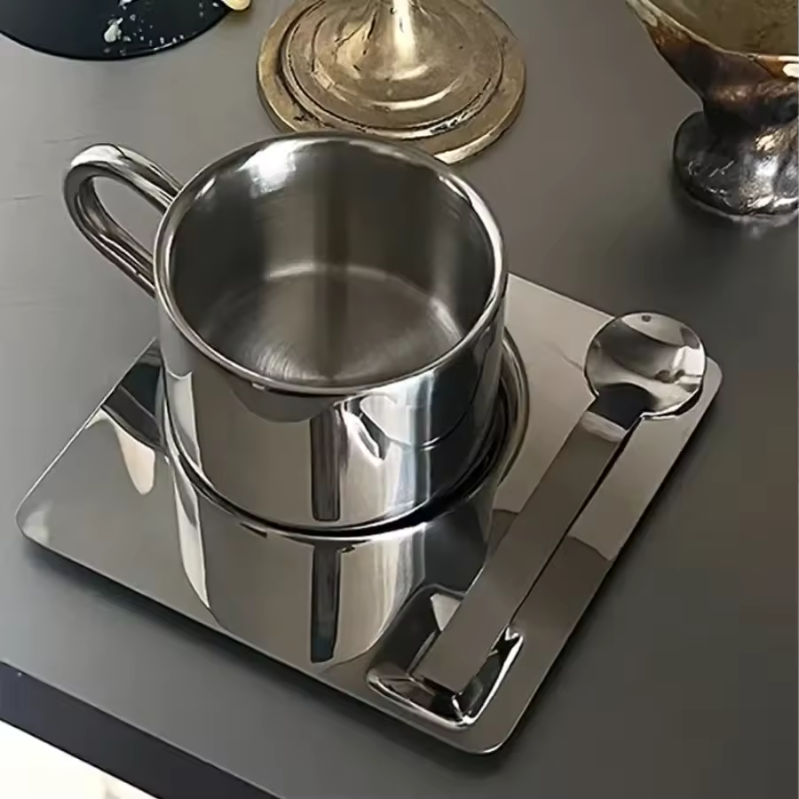 Tasse nordique minimaliste, ensemble de 3 pièces, tasse à café en acier inoxydable 304, tasse à lait résistante à la chaleur avec soucoupe, cuillère, napperon, ensemble de vaisselle - AliExpress 