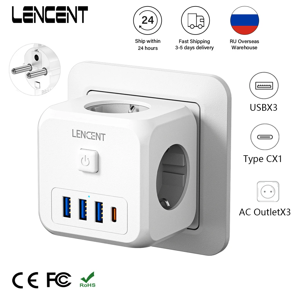 LENCENT EU Plug Power Strip Wall Socket Extender with  3 AC Outlets 3 USB  1 Type C Adapter 7-in-1 Plug Socket On/Off Switch