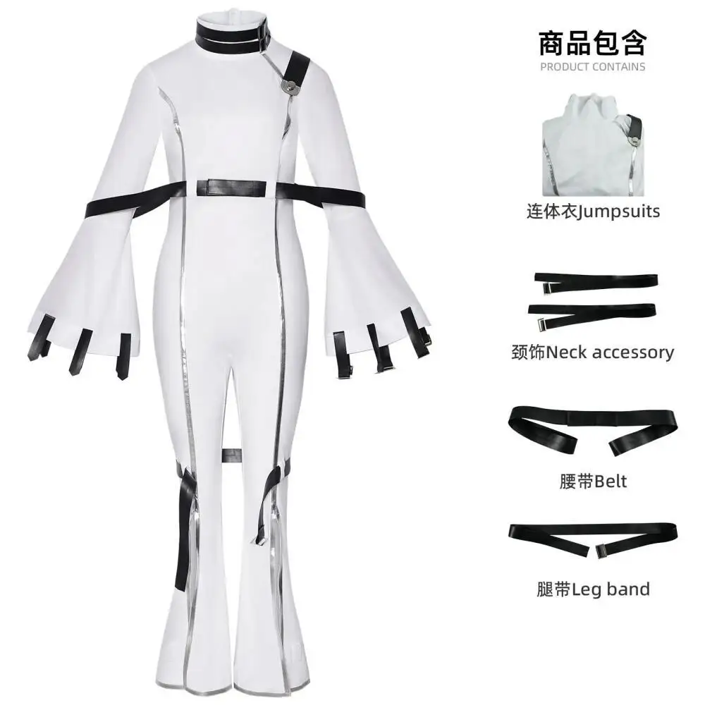 Damen Dunkler Slim-Fit Bond-Style Ganzkörperanzug Cosplay-Uniform mit Halsaccessoire und Gürtel Anime Bühnen-Party-Outfit