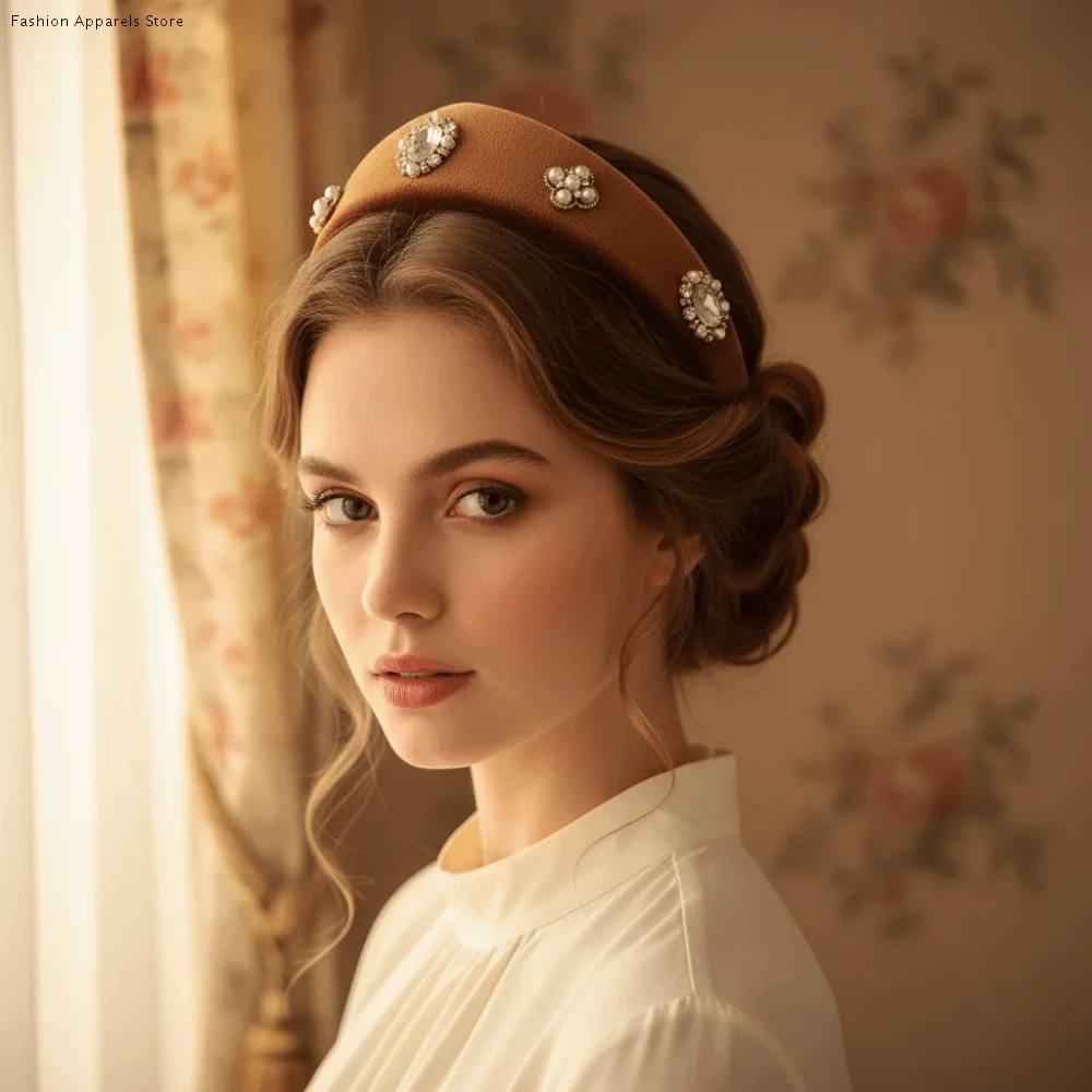 

Retro Elegant Velvet Triangle Headband Baroque Wide Edge Rhinestone Pearls Hairband British Solid Color Crown Hair Hoop Wedding