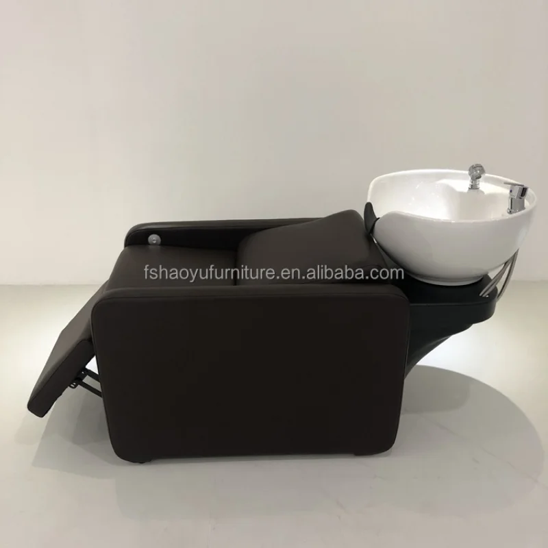 custom.Modern Style Hair Salon Brown Leather Shampoo Chair with White Washing Sink & Adjustable Footrest Styling Salon view 5