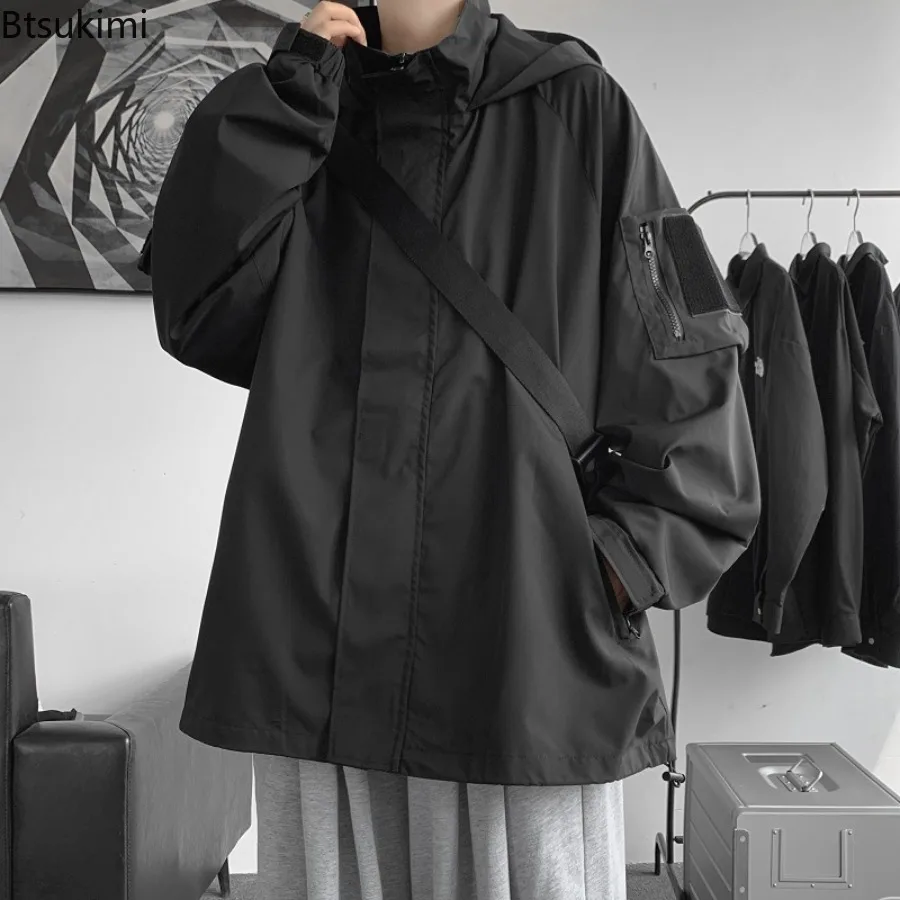 

New Style Men's Outdoor Casual Jackets Korean Style Solid Loose-fit Functional Workwear Spring Autumn Men's Fashion Hooded Coats