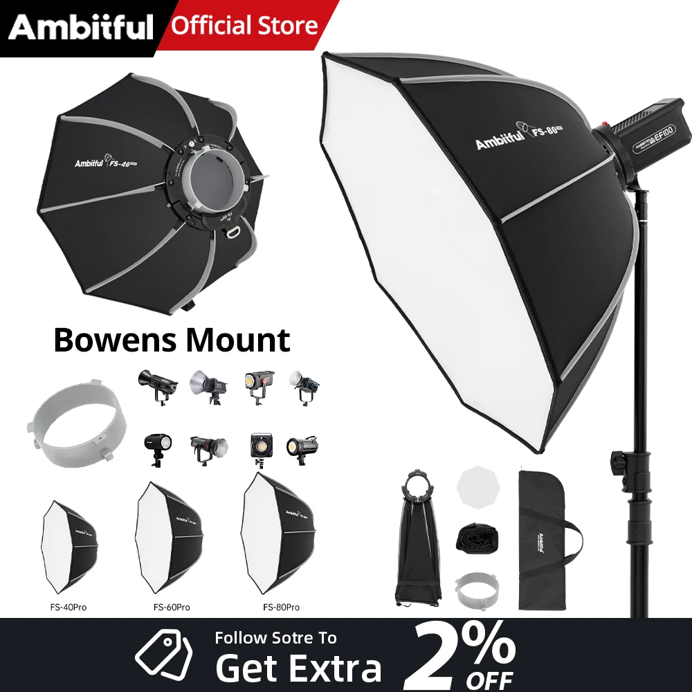 

Восьмиугольный софтбокс Ambitful Quick-Setup Standard Bowens Mount FS-80PRO FS-60PRO FS-40PRO для светодиодной видеолампы Godox Aputure Sokani