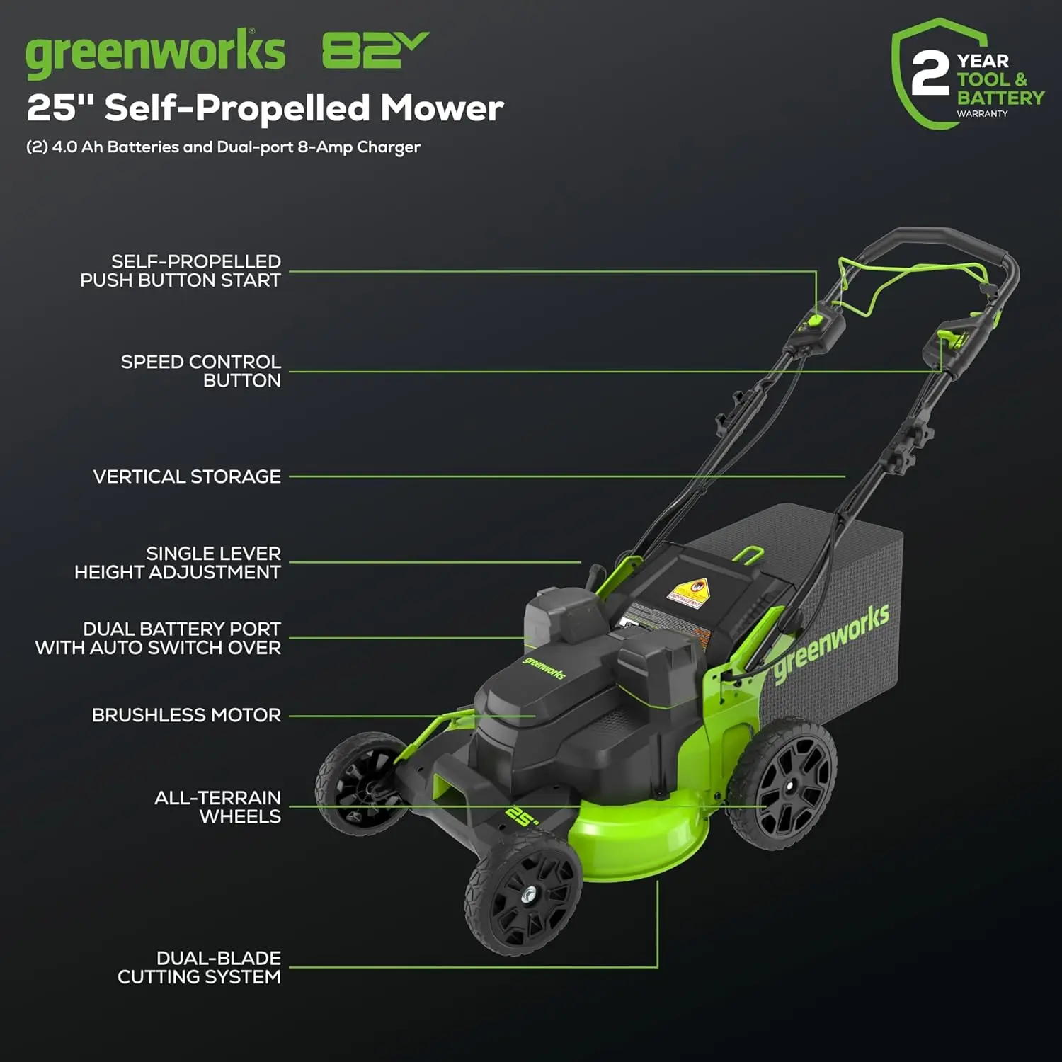 82V 25” Brushless (Self-Propelled) Prosumer Cordless Lawn Mower, (2) 4.0Ah Batteries And 8A Dual Port Rapid Charger