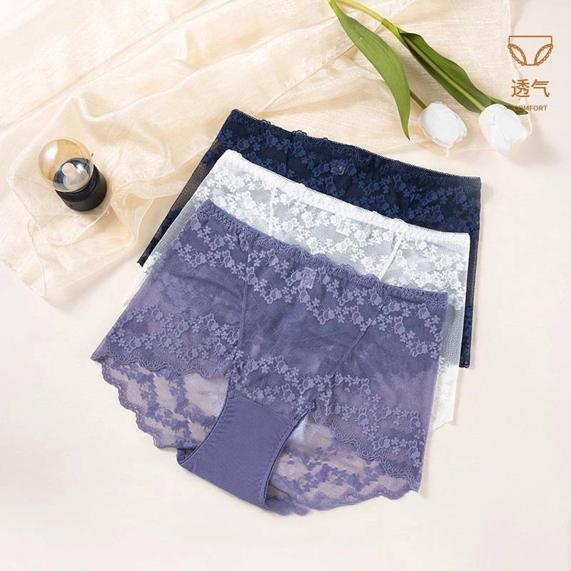 Women\'s Panties Sexy Lace Flower Embroidery Underwear High Waist Breathable Underpants Plus Size Comfort Intimates Lingerie