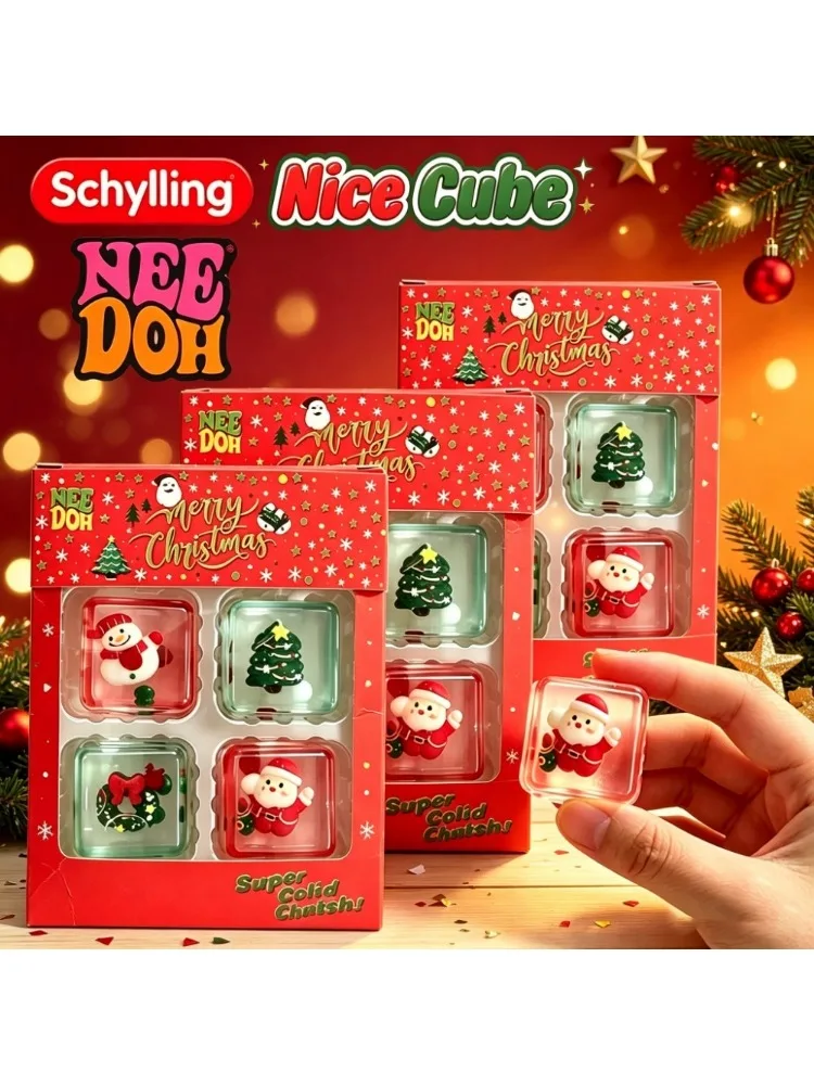 NEEDOH Weihnachts-Mini-4er-Pack Schöner Würfel-Quetschball zur Stresslinderung und Angstbewältigung, Fidget-Spielzeug, Weihnachtsgeschenkset