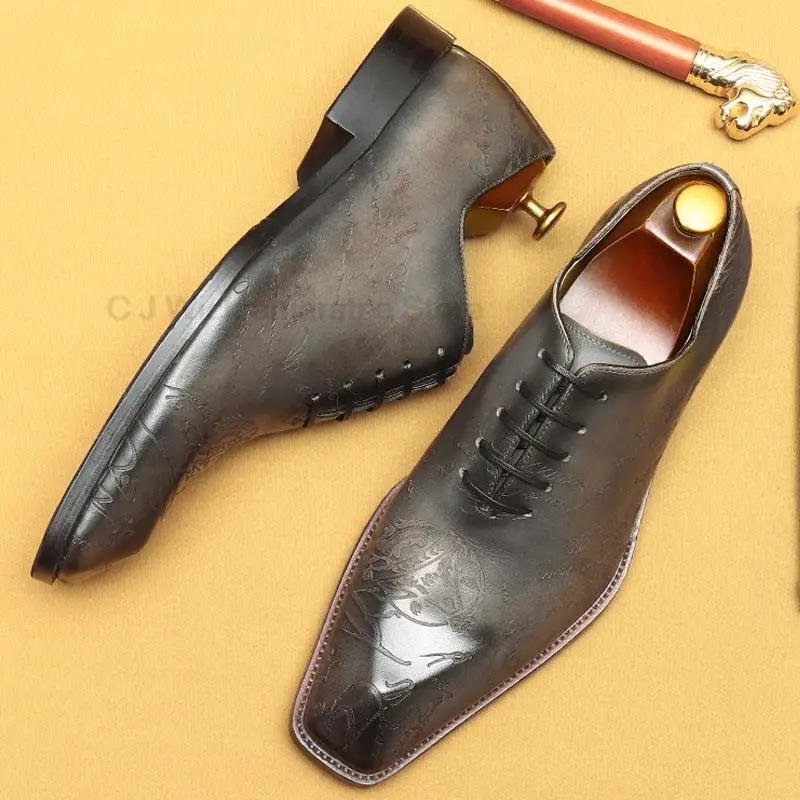 HKDQ High Quality Mens Italy Dress Shoes Genuine Leather Carving Handmade Square Head Oxfords Men Shoes Wedding Formal Shoe