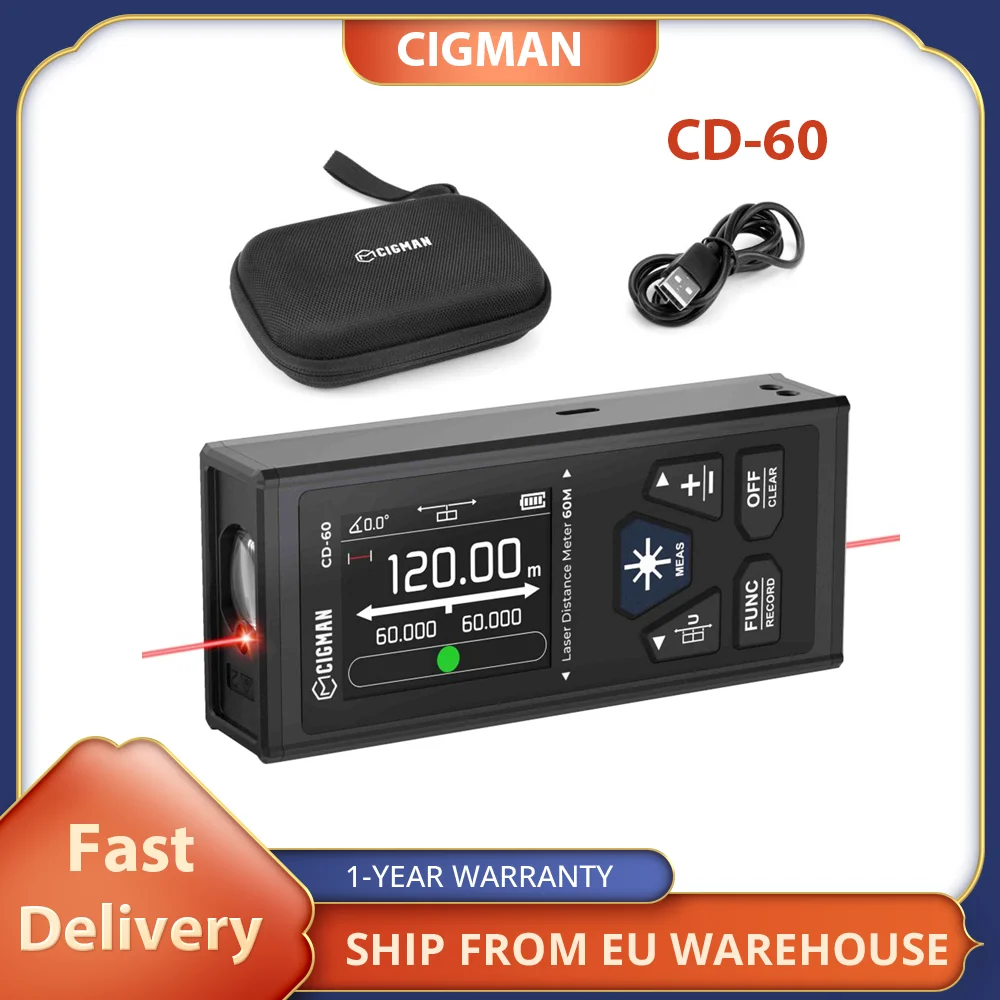 CIGMAN CD-60 Bilateral Laser Distance Meter, 393ft/120M Bilateral Measurement, with M/in/Ft Multiple Units,Fast Accurate，LCD