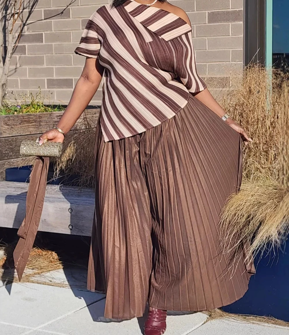 

Women's wear high-end striped shirt + pleated skirt casual skirt fashion two-piece suit European and American-GZXX1030