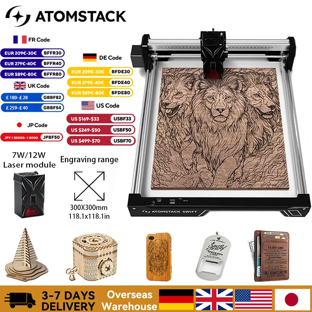 Atomstack 7W/12W ミニポータブルレーザー彫刻機 DIY Bluetoothマシン 塗装済みドッグタグ 紙 皮革 木製 プラスチック ロゴ CNCマシン