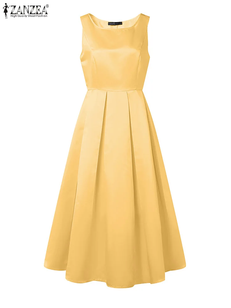 Zanzea elegante sem mangas cetim cocktail vestidos de festa invertido plissados mulher moda boatneck cintura cabida a linha robes femme