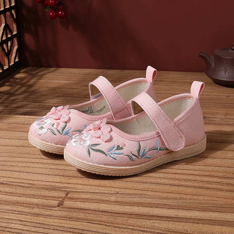 Embroidered Shoes for Girls Chinese Style Cotton Cloth Shoes For Chinese Dance Pink Beige Children Flat Princess Shoes for Kids