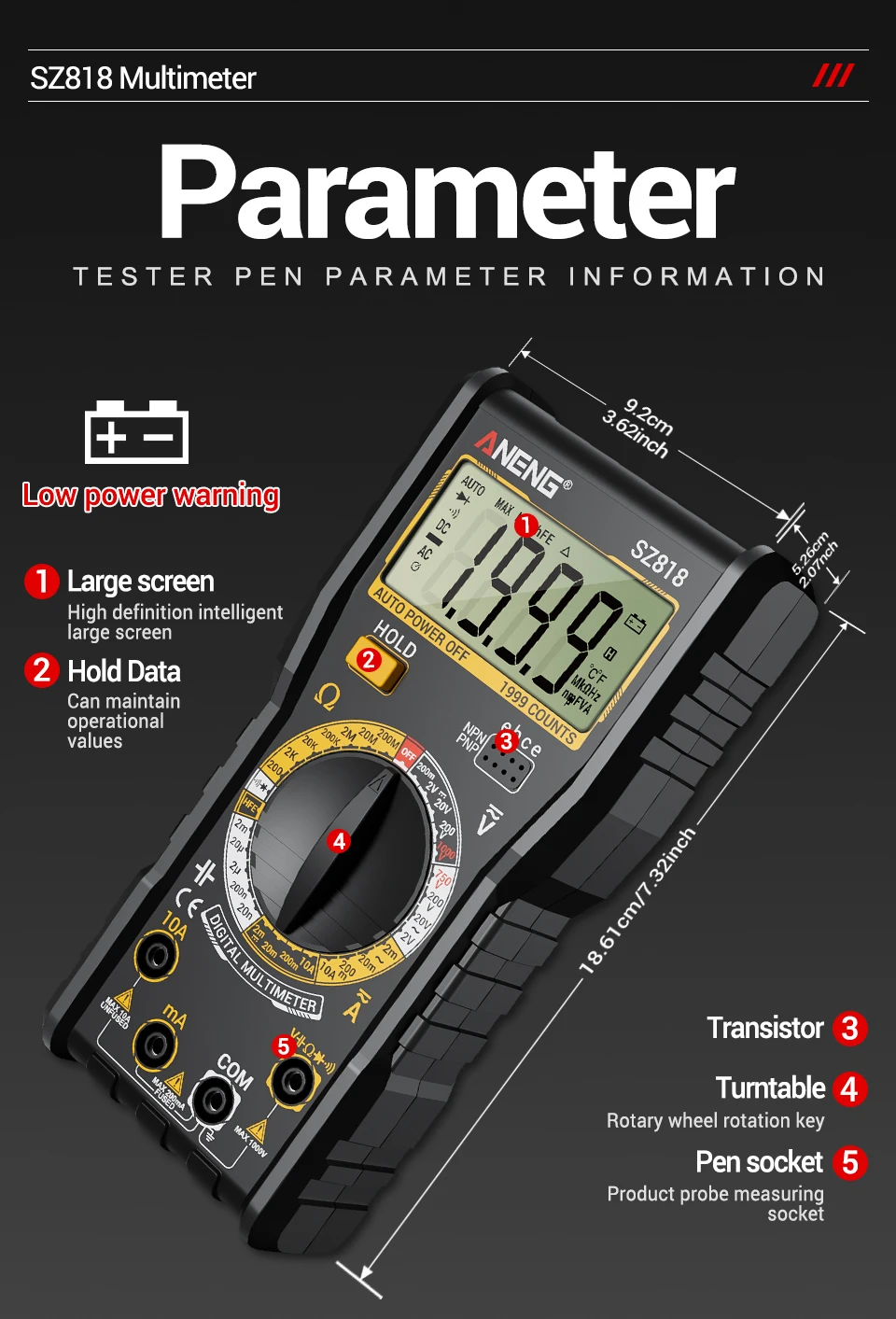 Intelligent Digital Multimeter Tester Automotive AC/DC Voltage Resistance Current Capacitor Electric Triode Detector ANENG SZ818