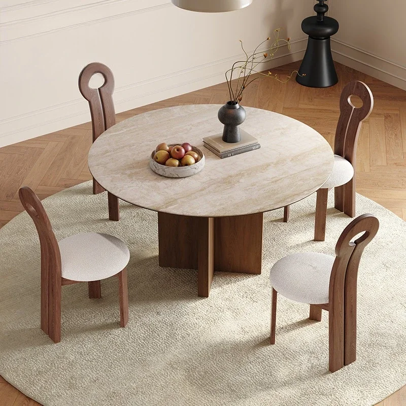 French retro North American black walnut dining table and chairs, travertine rock slab small apartment solid wood round dining