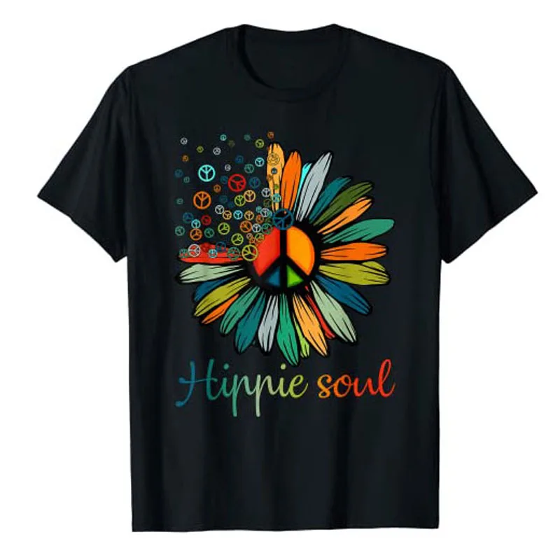 

Daisy Peace Sign Hippie Soul T-Shirt Flower Lovers Gifts Tee Tops Summer Fashion Funny Floral Print Outfits Short Sleeve Blouses