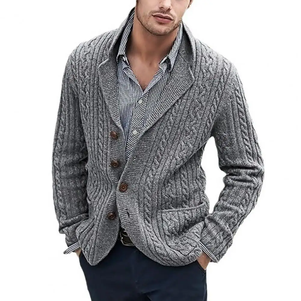 Men Casual Sweater Vintage Coat Autumn Winter Lapel Long Sleeve Pockets Twist Texture Single Breasted Men Knitting Cardigan