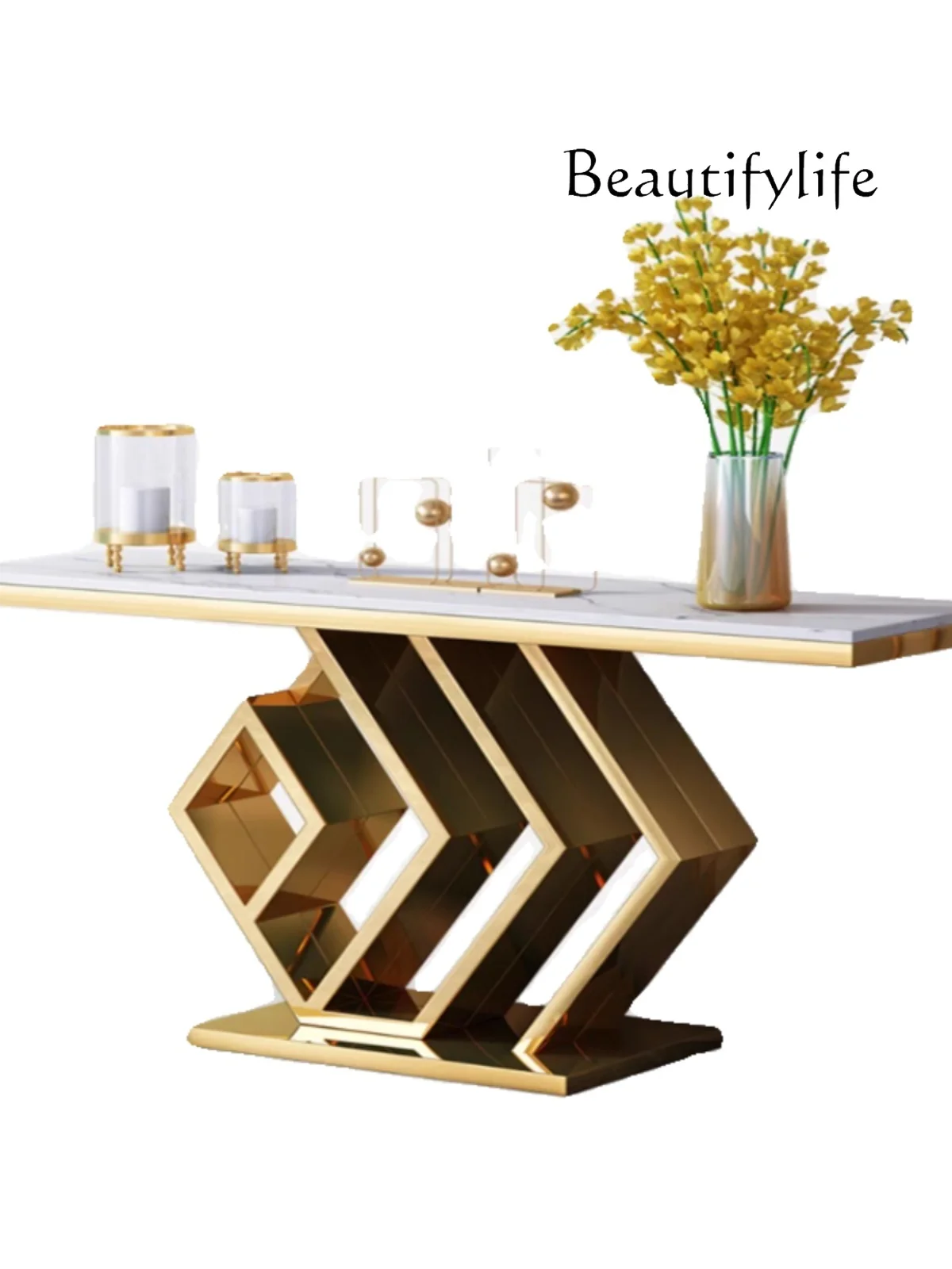 

Entrance to the house Light luxury style Entrance cabinet Against the wall Marble strip Stainless steel end view table