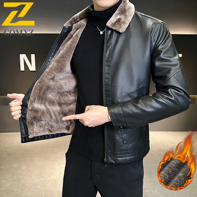 COMXZ الشتاء الرجال سترة جلدية مبطنة بالصوف الفاخرة المشي لمسافات طويلة معطف جلد دافئ الترفيه الأعمال ترتيب الأسرة طوق معطف تنوعا ق #5